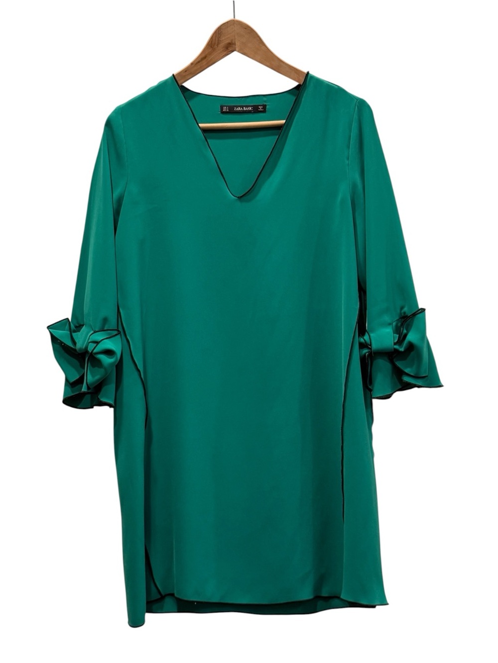 Zara Teal V-Neck Tunic with Ruffle Sleeve Detail